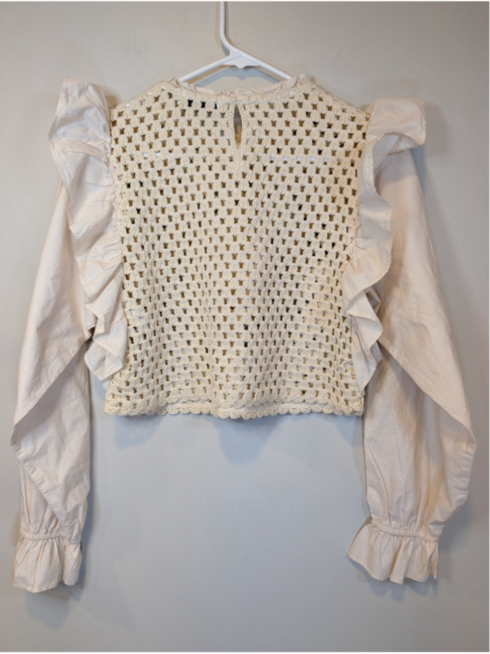 Zara Crochet Ruffled Long Sleeve Blouse Top Ecru Cream Cottagecore Medium - Picture 6 of 6